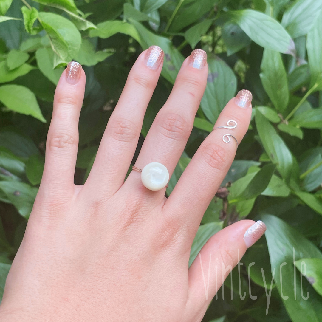 White Opalescent Button Ring