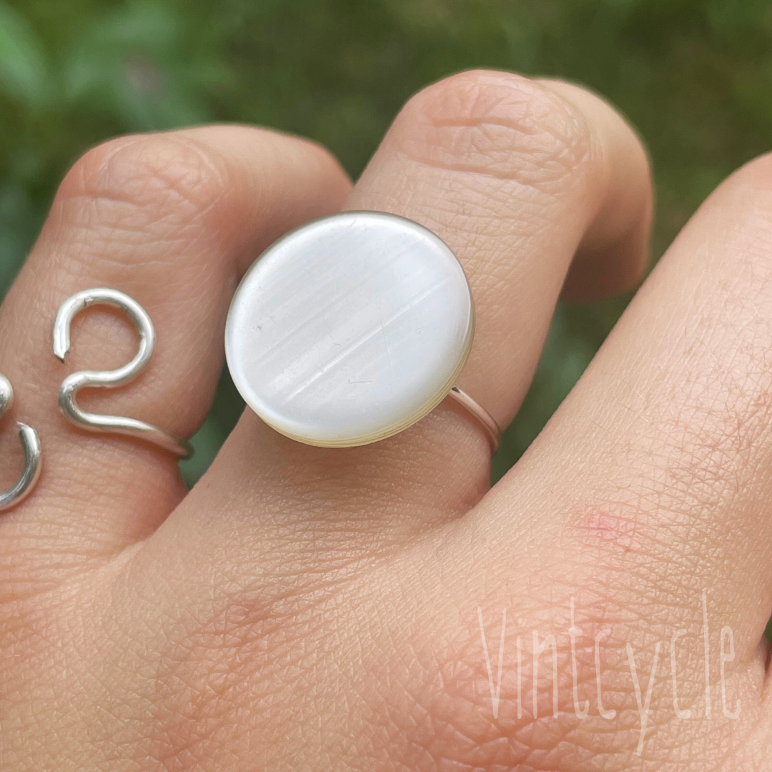 White Pearlescent Button Ring