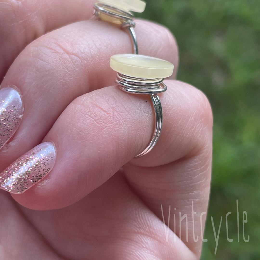 White Pearlescent Button Ring