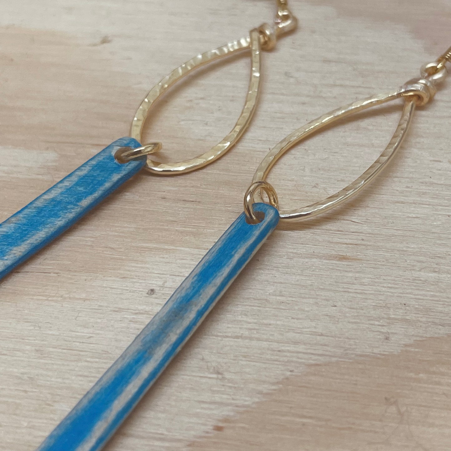 Hammered Gold and Blue Watercolor Stained Reclaimed Wood Dangle Earrings