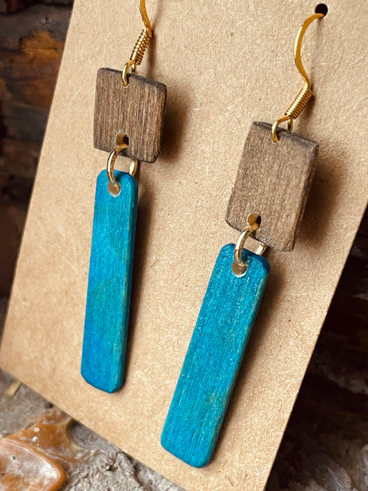 Dark Walnut and Blue Stained Reclaimed Wood Dangle Earrings