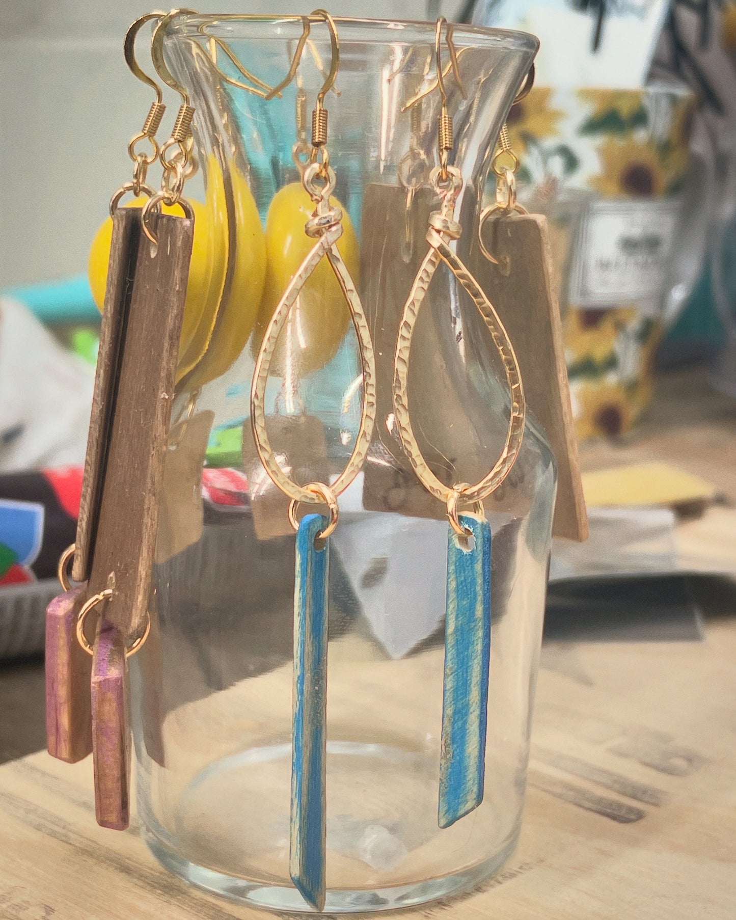 Hammered Gold and Blue Watercolor Stained Reclaimed Wood Dangle Earrings