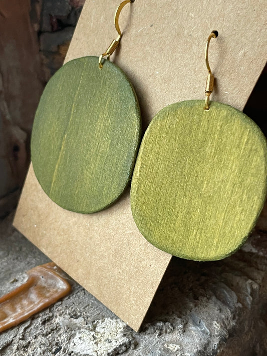 Olive Green Washed Circular Cut Reclaimed Wood Earrings