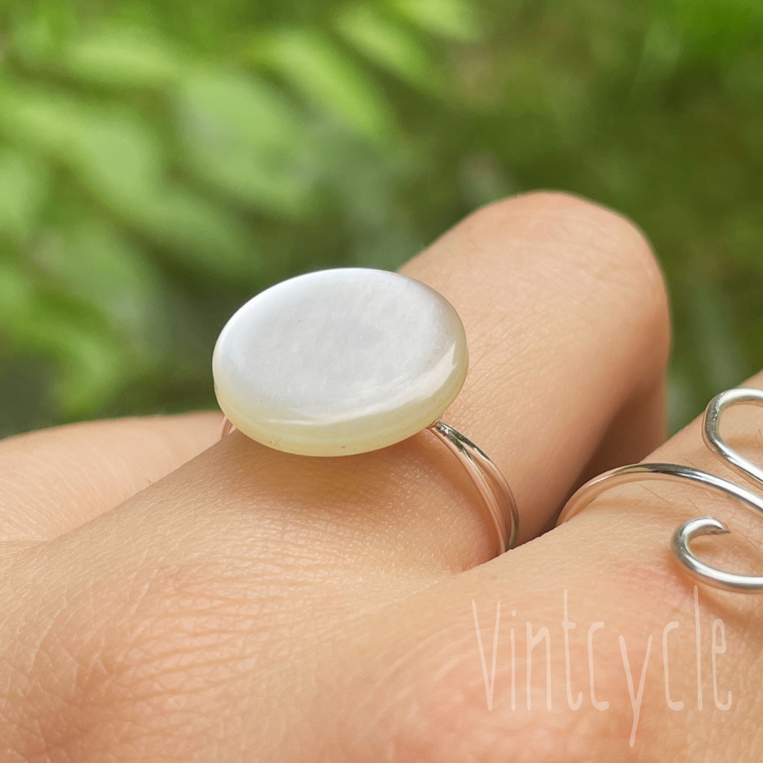 White Pearlescent Button Ring