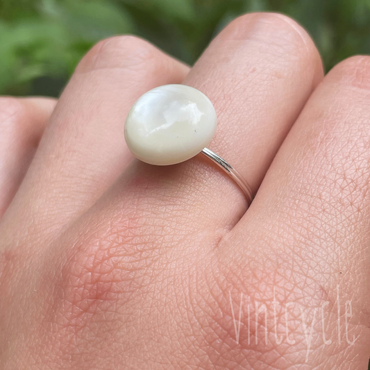 White Opalescent Button Ring