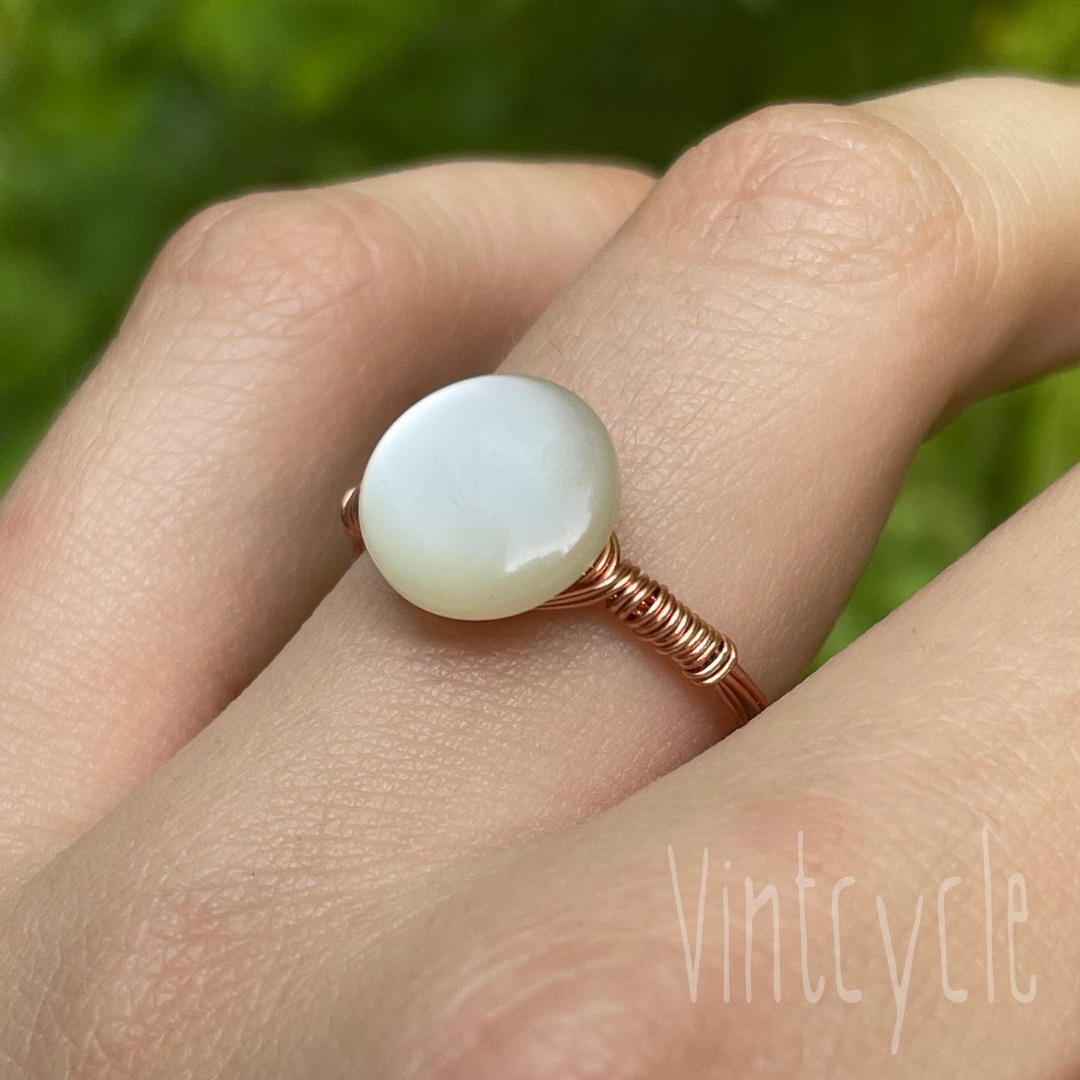 Semi-Opaque Pearlescent White Button Ring