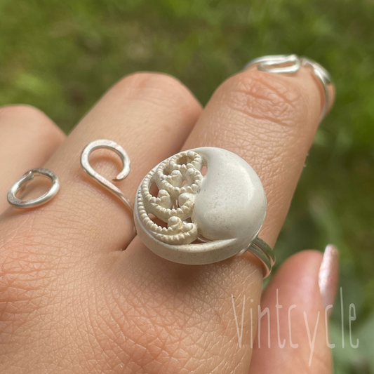 Carved White Button Ring